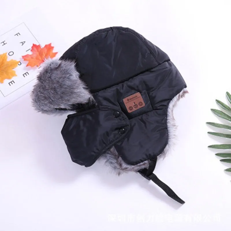 Bluetooth bomber hat in black with acrylic and plush fabric, showing built-in audio controls