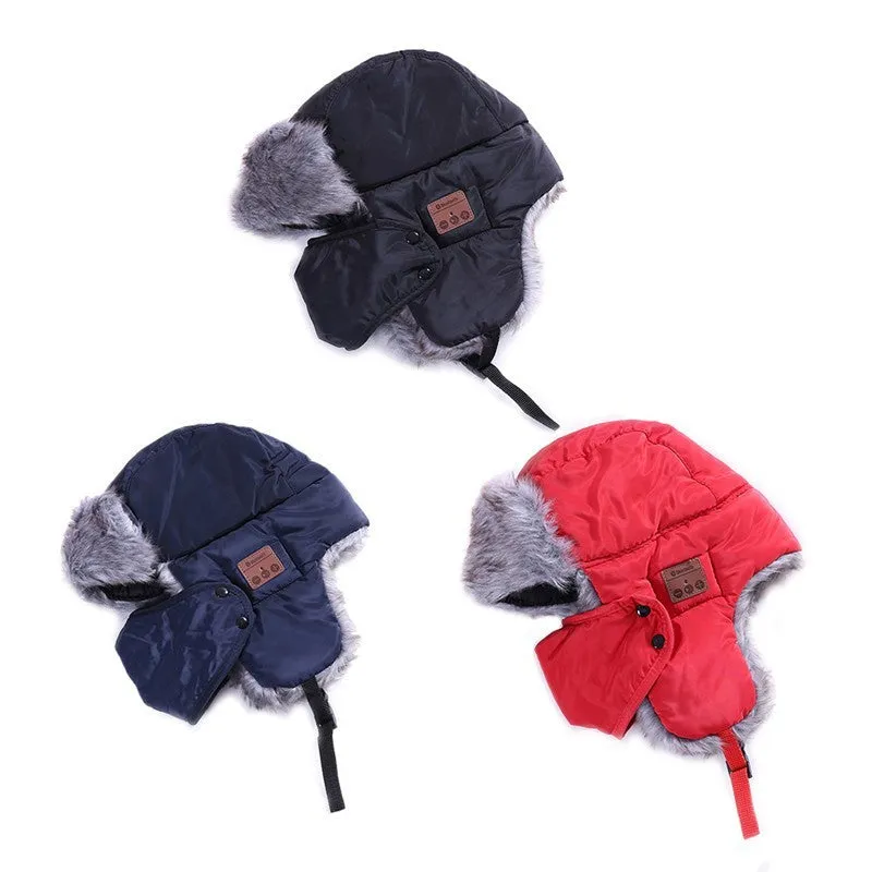 Bluetooth bomber hat in black with acrylic and plush fabric, showing built-in audio controls