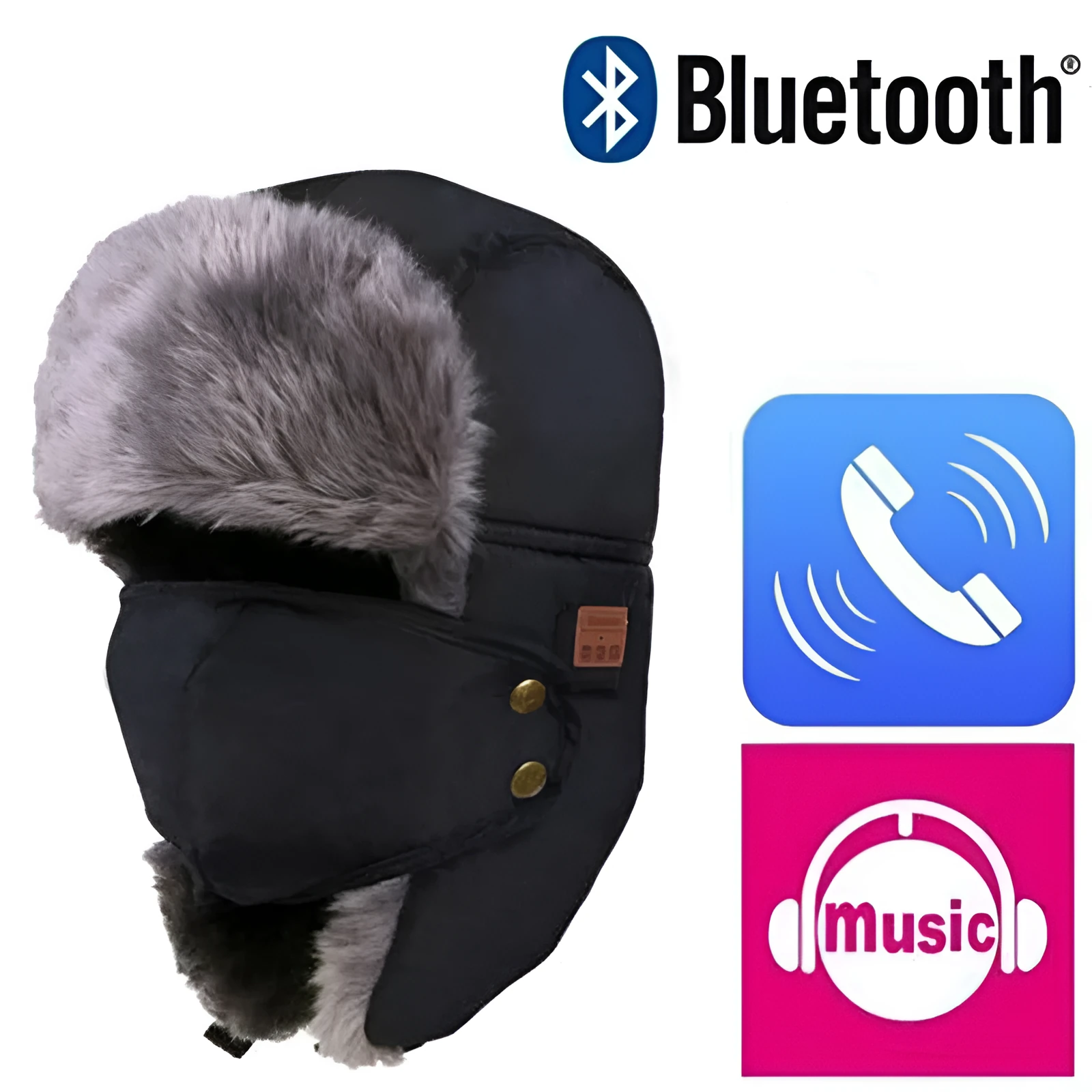 Bluetooth bomber hat in black with acrylic and plush fabric, showing built-in audio controls