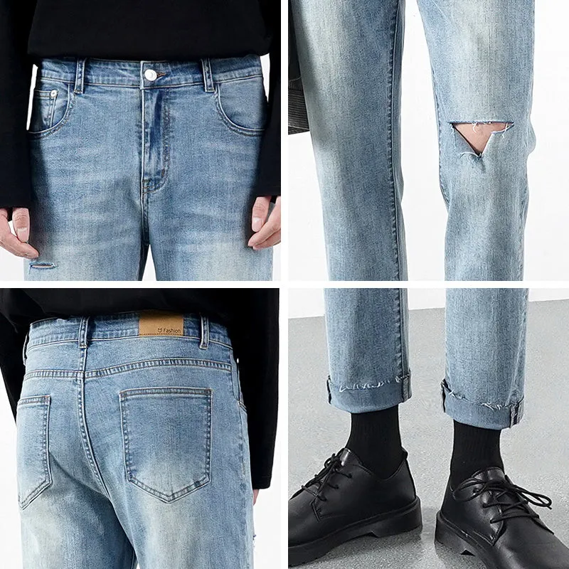 Men's light summer ripped jeans in blue with microelastic stretch denim, front view