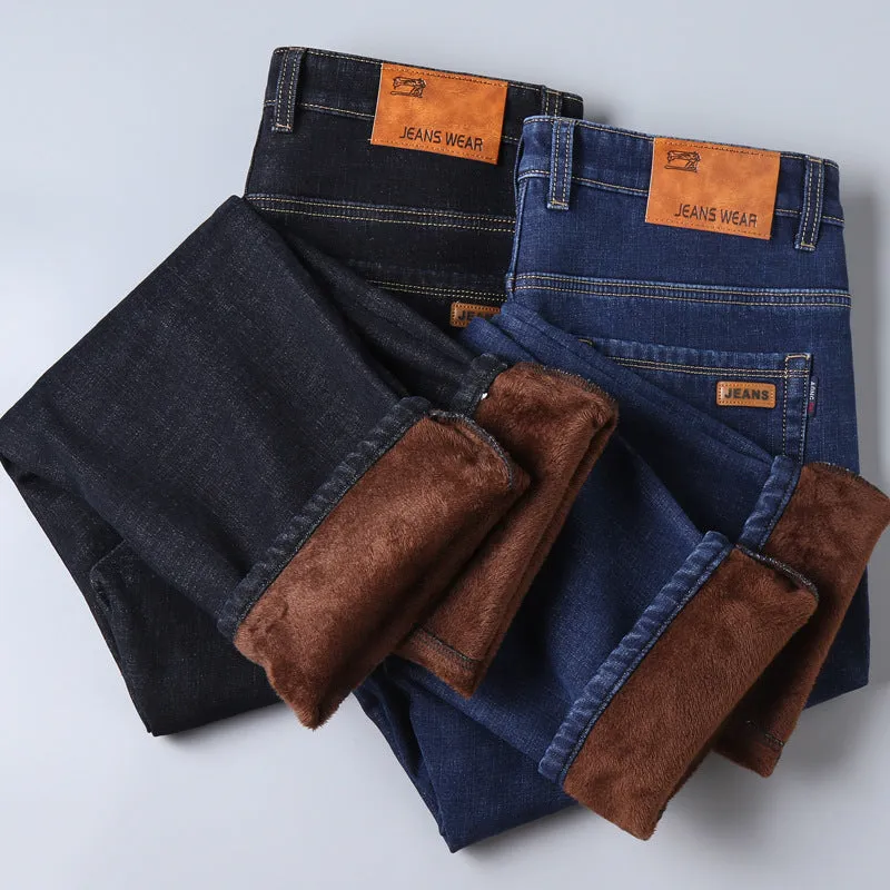 Thickened plush jeans for men, cotton straight tube, blue colour, warm winter casual trousers