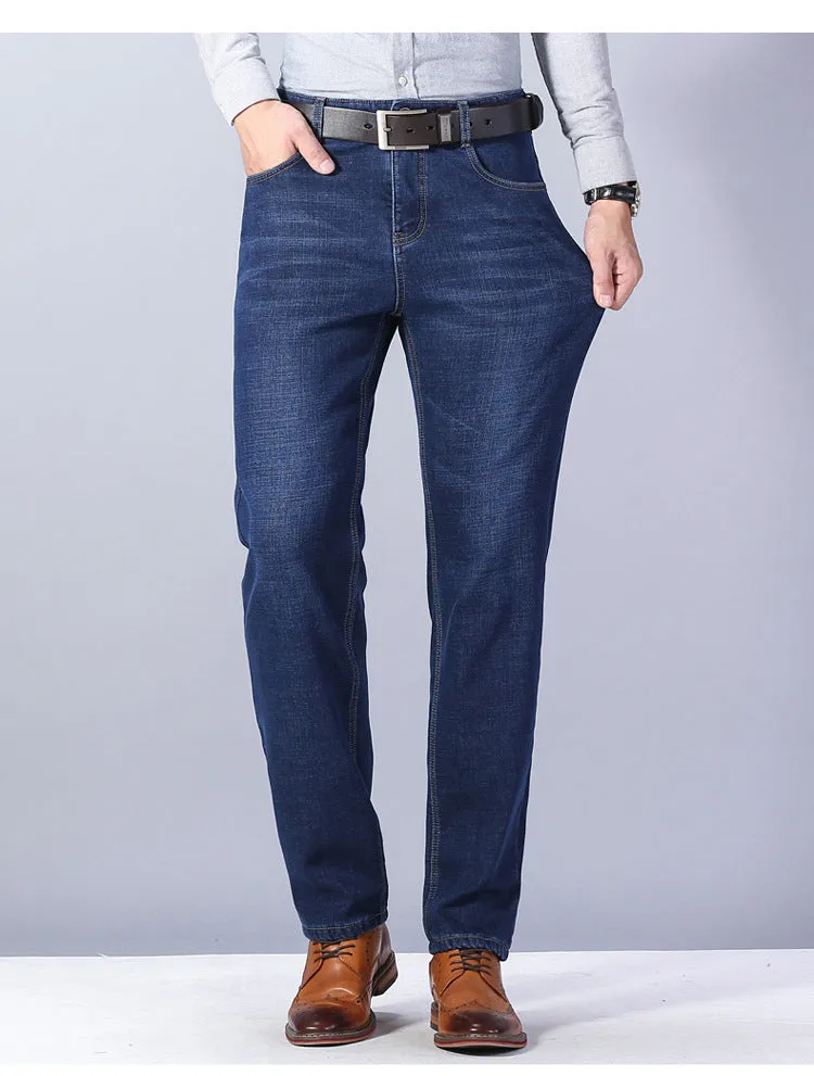 Thickened plush jeans for men, cotton straight tube, blue colour, warm winter casual trousers