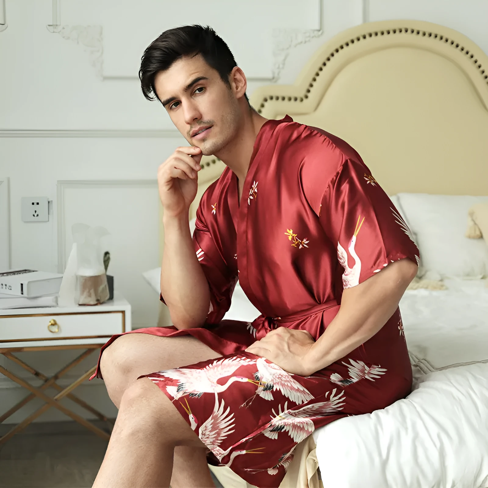 Men's mid-length artificial silk nightgown in cardigan style, black colour, size M-3XL