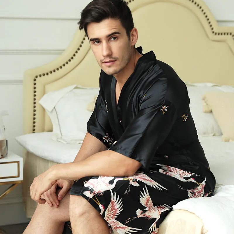 Men's mid-length artificial silk nightgown in cardigan style, black colour, size M-3XL