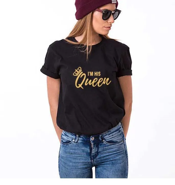 Black cotton t-shirt with gold I'm her king letter print on front, short sleeves, round neck