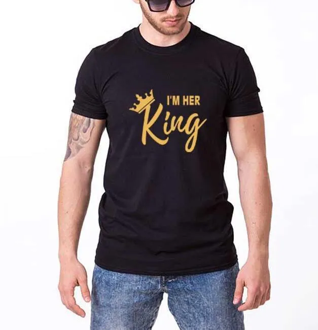 Black cotton t-shirt with gold I'm her king letter print on front, short sleeves, round neck
