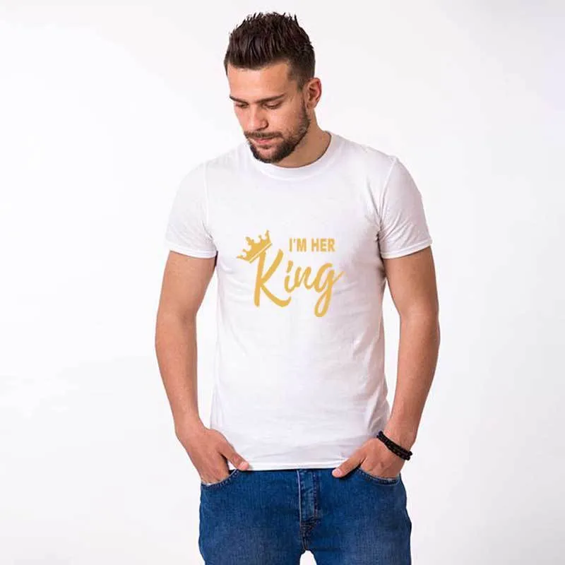 Black cotton t-shirt with gold I'm her king letter print on front, short sleeves, round neck