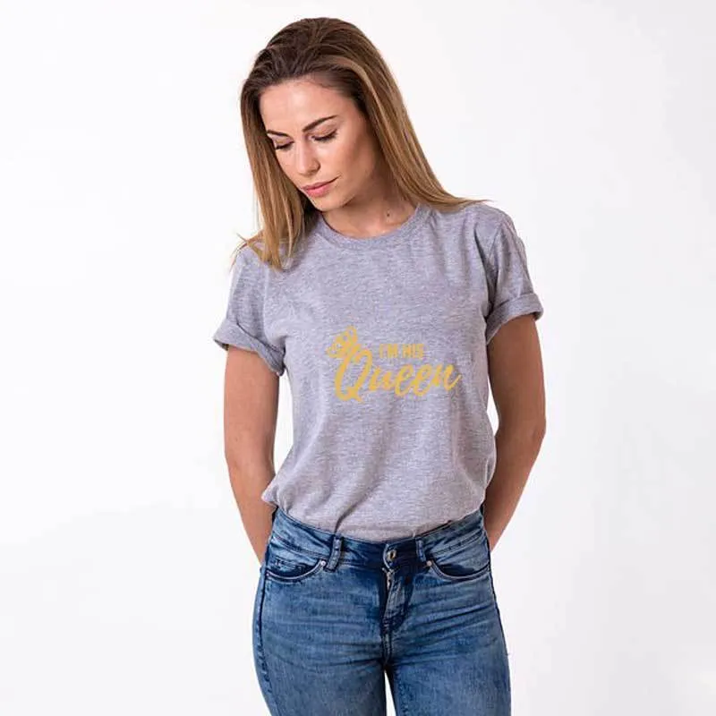 Black cotton t-shirt with gold I'm her king letter print on front, short sleeves, round neck