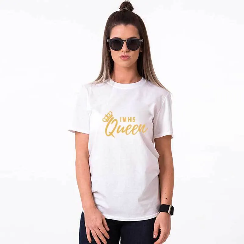 Black cotton t-shirt with gold I'm her king letter print on front, short sleeves, round neck