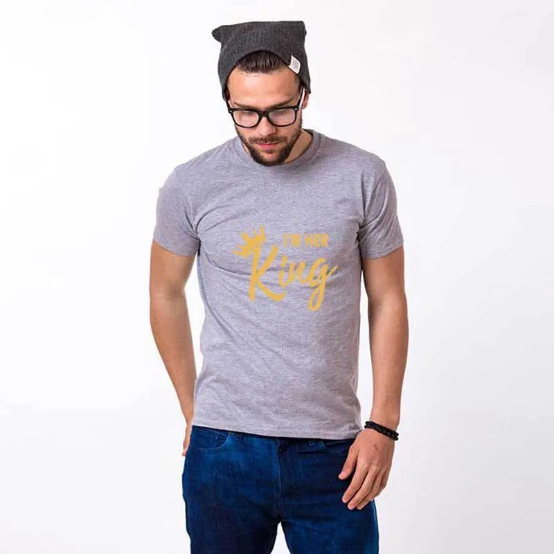 Black cotton t-shirt with gold I'm her king letter print on front, short sleeves, round neck