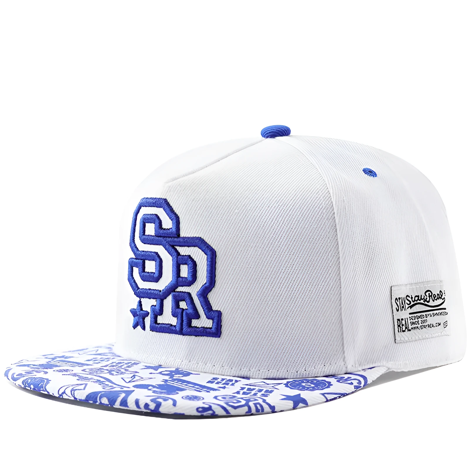 Black cotton baseball cap with white embroidered lettering on the front, showing adjustable back strap.
