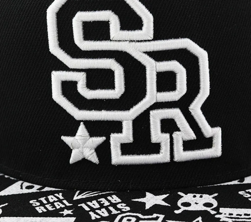 Black cotton baseball cap with white embroidered lettering on the front, showing adjustable back strap.