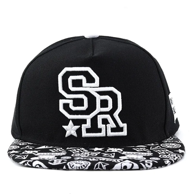 Black cotton baseball cap with white embroidered lettering on the front, showing adjustable back strap.