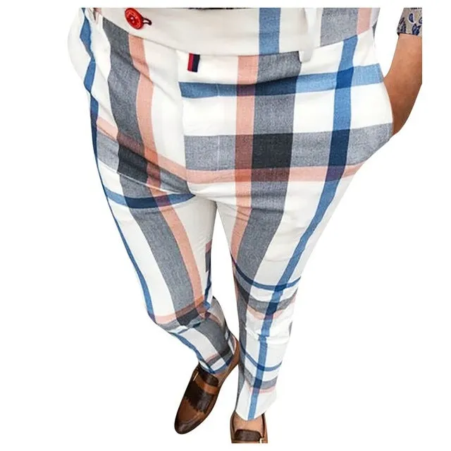 Men's streetwear plaid trousers in slim fit straight leg, blue colour option, mid waist design