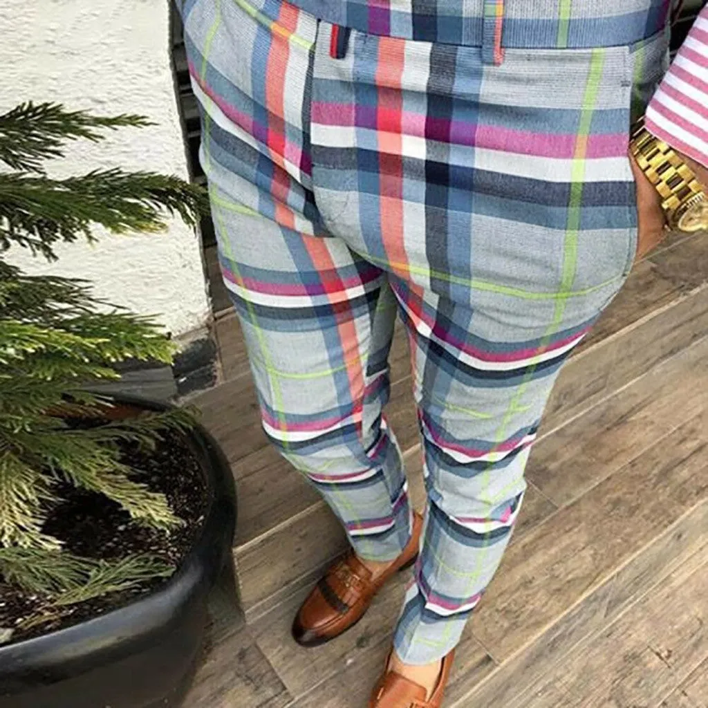 Men's streetwear plaid trousers in slim fit straight leg, blue colour option, mid waist design