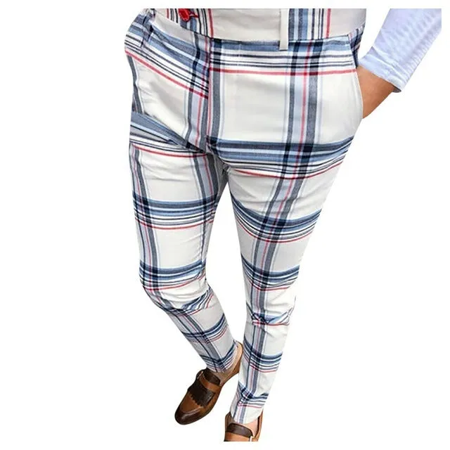 Men's streetwear plaid trousers in slim fit straight leg, blue colour option, mid waist design