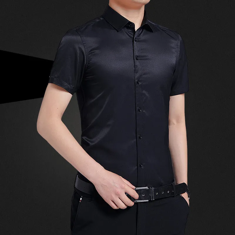 Men's non-iron short sleeve casual shirt in light blue, loose fit, cotton blend, front view