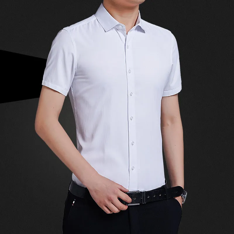 Men's non-iron short sleeve casual shirt in light blue, loose fit, cotton blend, front view