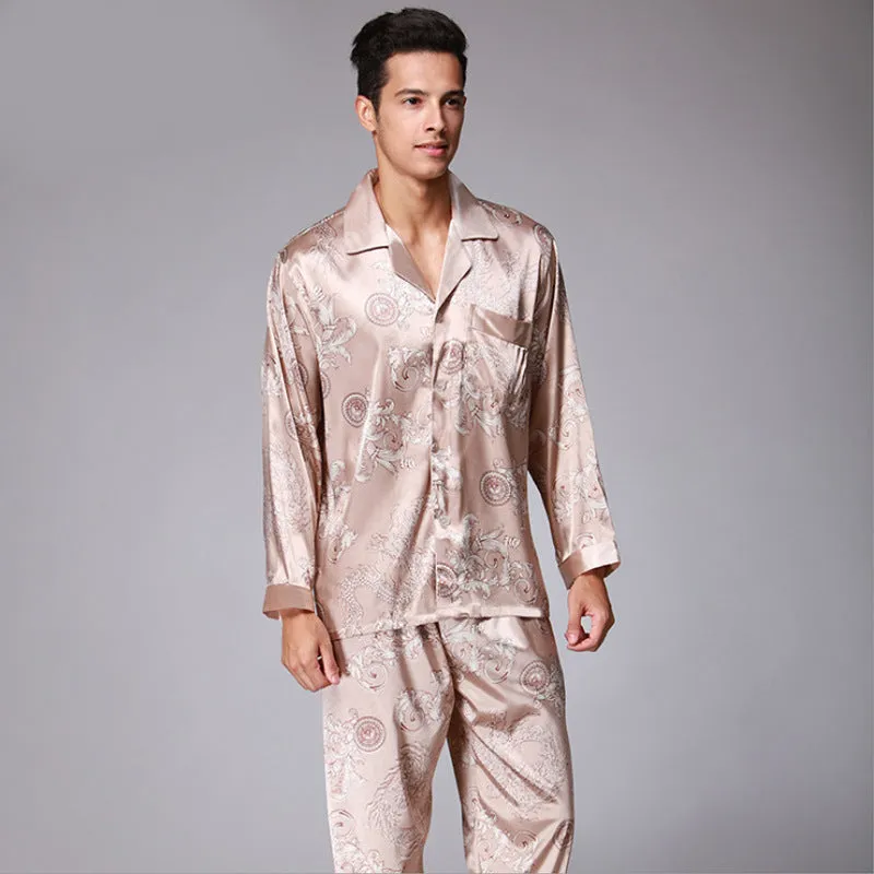 Men's long sleeve pajama set in simulation silk with V-neck lapel, available in multiple colours
