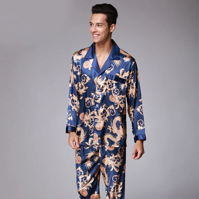 Men's long sleeve pajama set in simulation silk with V-neck lapel, available in multiple colours