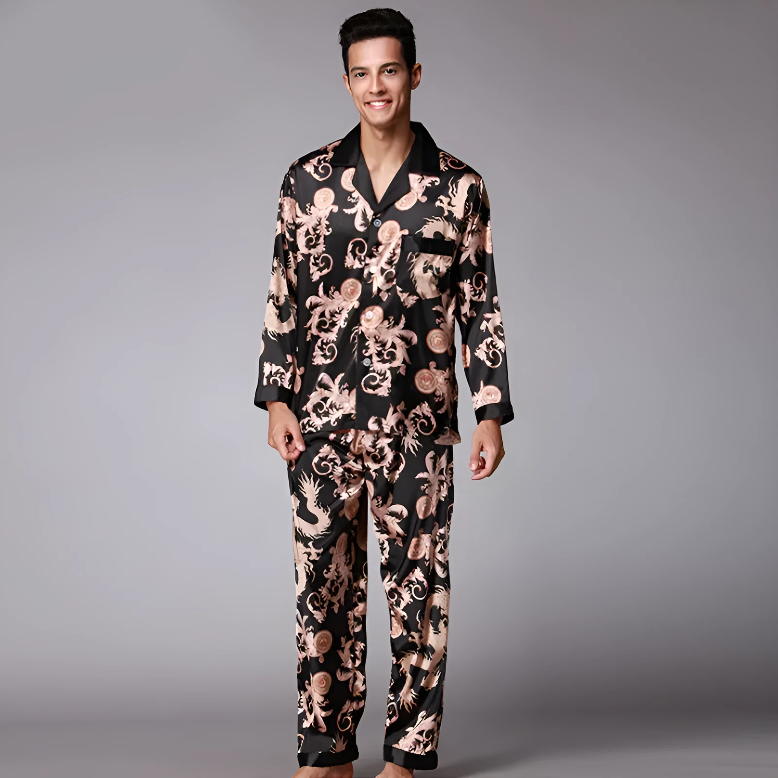 Men's long sleeve pajama set in simulation silk with V-neck lapel, available in multiple colours