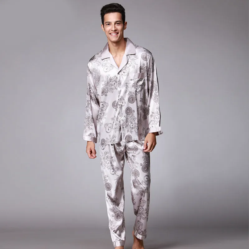 Men's long sleeve pajama set in simulation silk with V-neck lapel, available in multiple colours