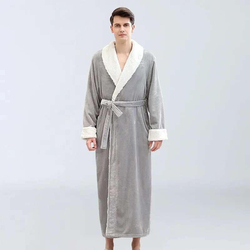 Men's winter long bathrobe in coral fleece fabric, light grey colour, full length, plus size
