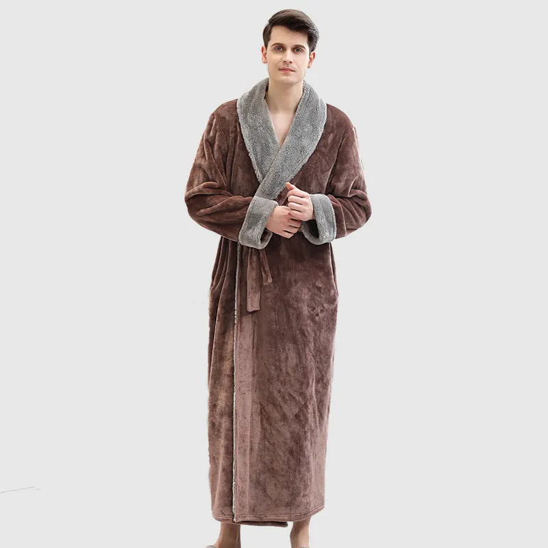 Men's winter long bathrobe in coral fleece fabric, light grey colour, full length, plus size