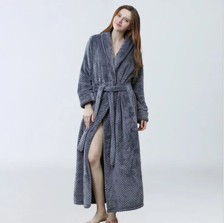 Men's winter long bathrobe in coral fleece fabric, light grey colour, full length, plus size