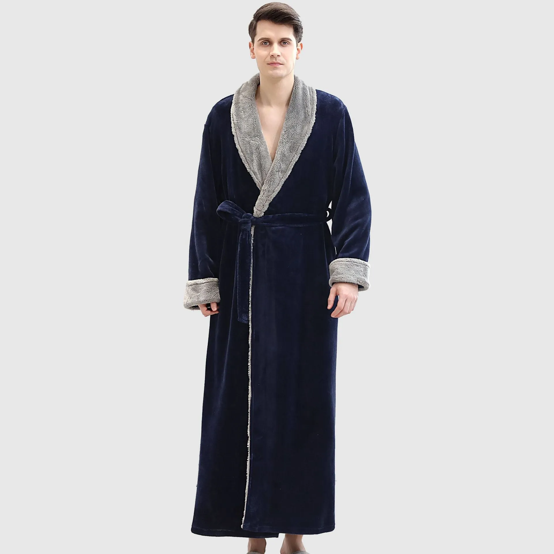 Men's winter long bathrobe in coral fleece fabric, light grey colour, full length, plus size