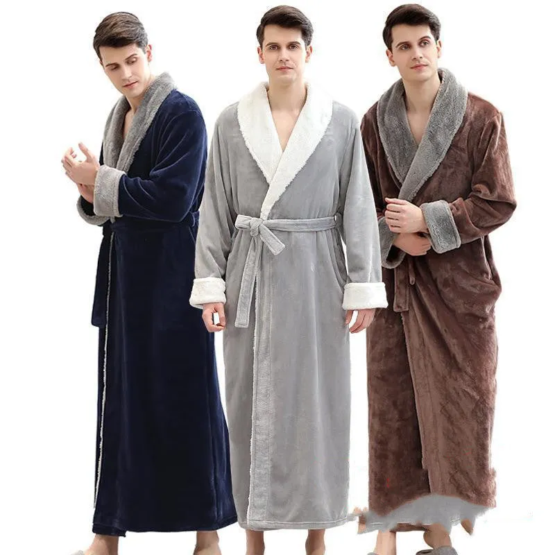 Men's winter long bathrobe in coral fleece fabric, light grey colour, full length, plus size