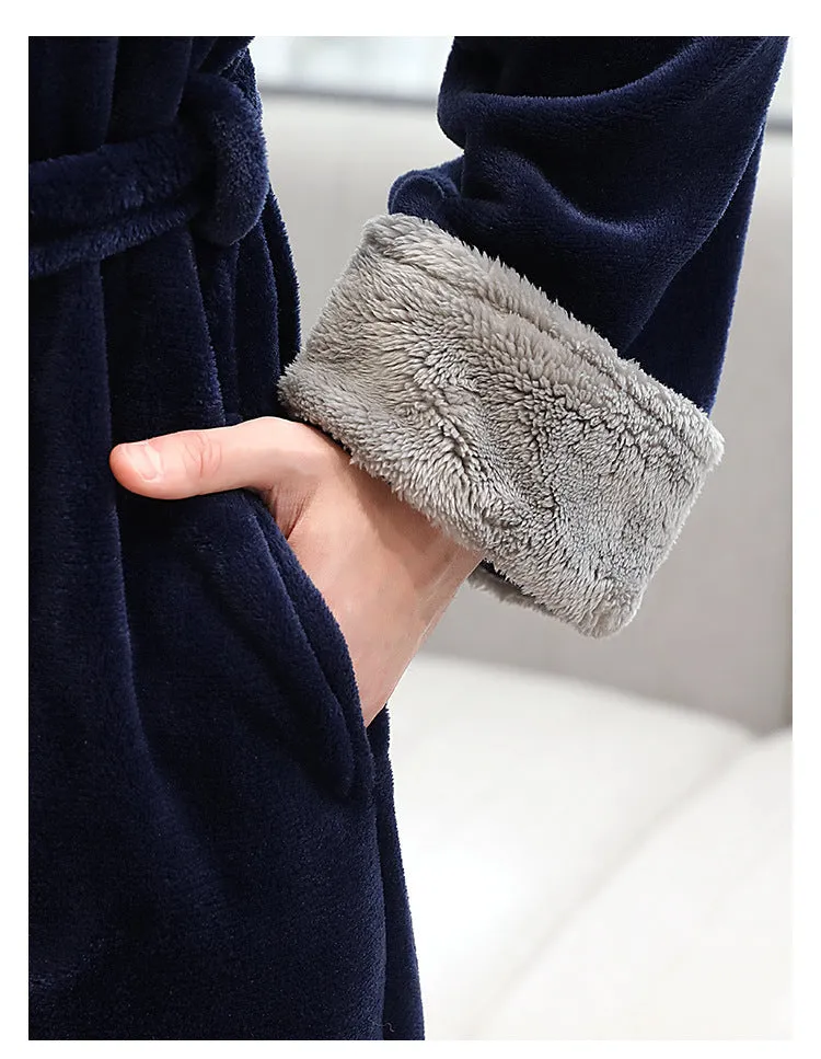 Men's winter long bathrobe in coral fleece fabric, light grey colour, full length, plus size