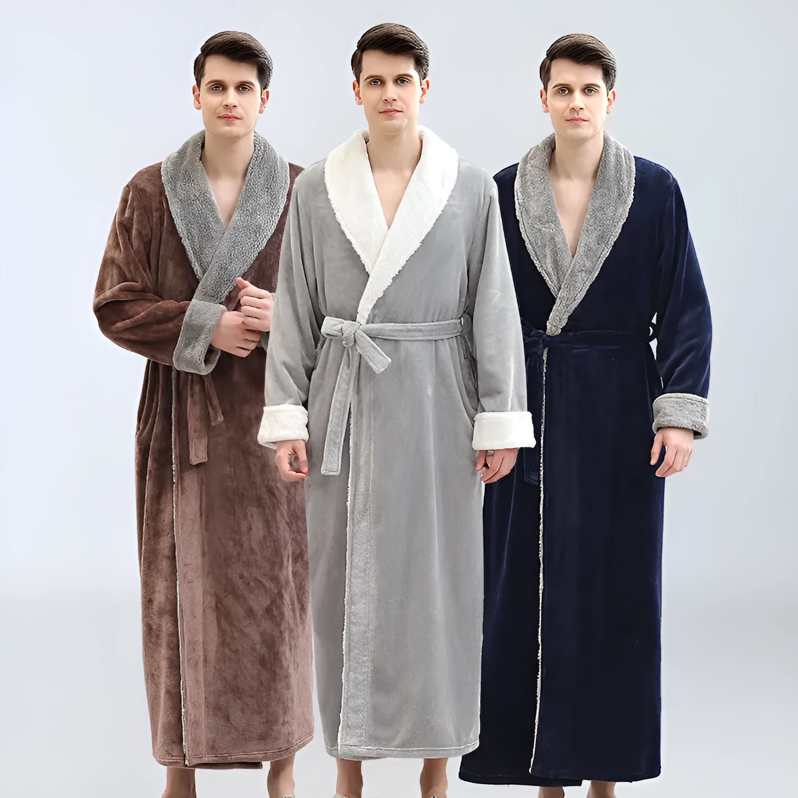 Men's winter long bathrobe in coral fleece fabric, light grey colour, full length, plus size