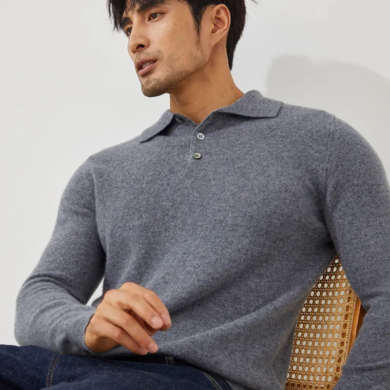 A sapphire blue men's cashmere pullover sweater with a polo collar, shown in a loose fit.