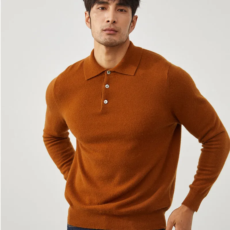 A sapphire blue men's cashmere pullover sweater with a polo collar, shown in a loose fit.