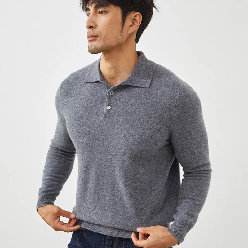 A sapphire blue men's cashmere pullover sweater with a polo collar, shown in a loose fit.