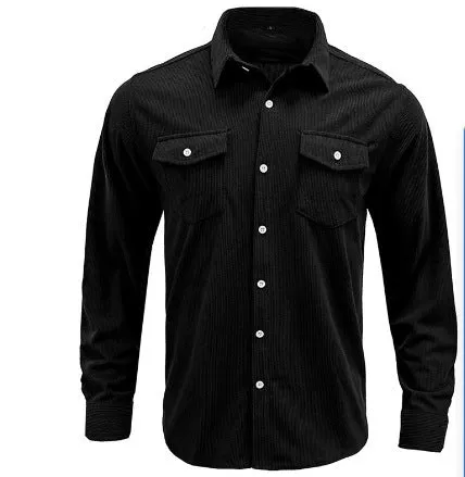 Men's corduroy cardigan shirt in solid colour, long sleeves, regular fit, available in black, sky blue, navy blue, milky white