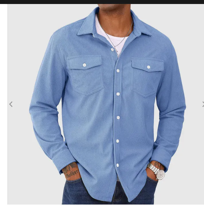 Men's corduroy cardigan shirt in solid colour, long sleeves, regular fit, available in black, sky blue, navy blue, milky white