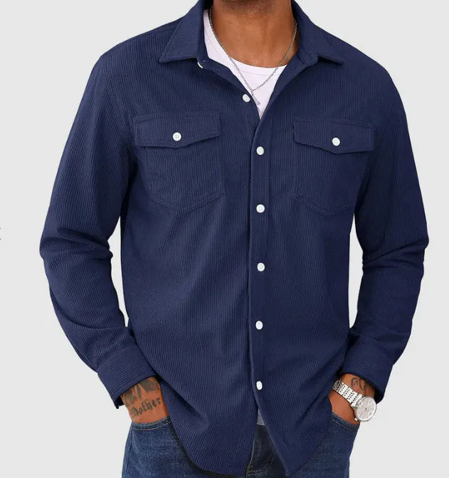 Men's corduroy cardigan shirt in solid colour, long sleeves, regular fit, available in black, sky blue, navy blue, milky white