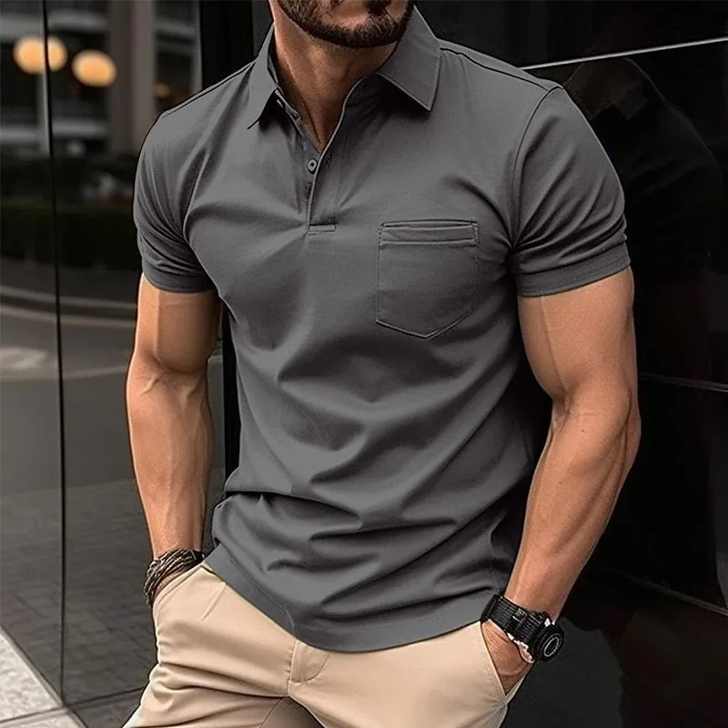 Men's summer polo shirt with chest pocket, loose fit, short sleeve, solid colour top in Army Green