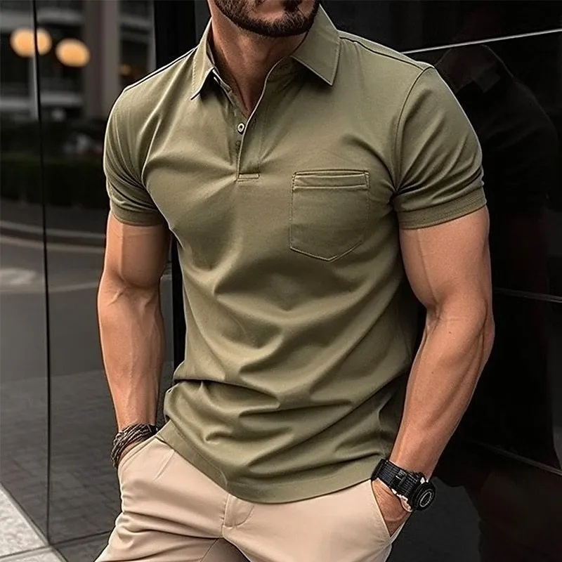 Men's summer polo shirt with chest pocket, loose fit, short sleeve, solid colour top in Army Green