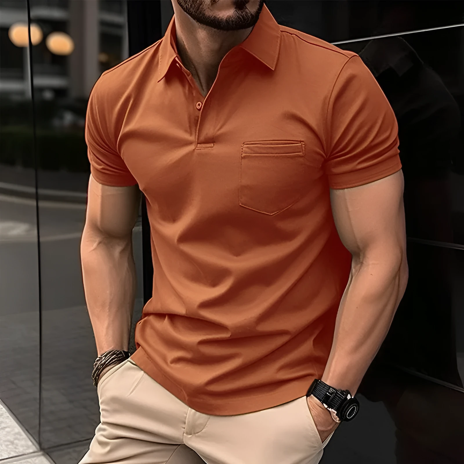 Men's summer polo shirt with chest pocket, loose fit, short sleeve, solid colour top in Army Green