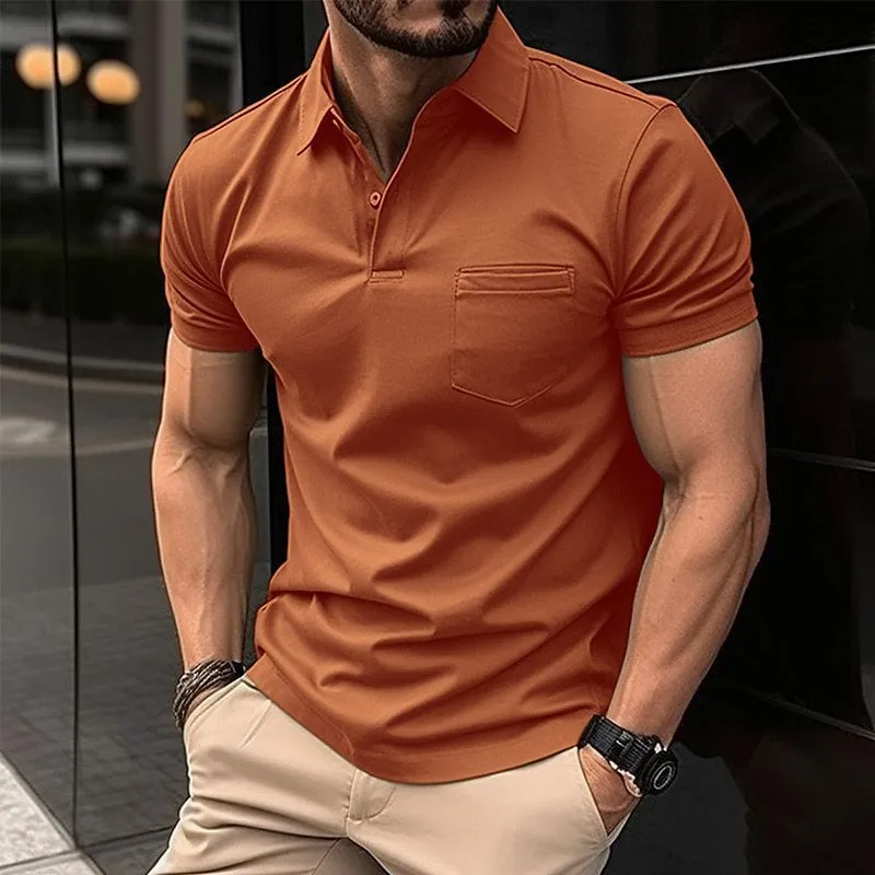 Men's summer polo shirt with chest pocket, loose fit, short sleeve, solid colour top in Army Green