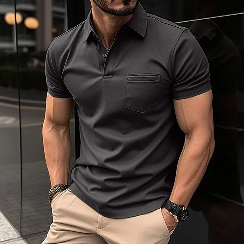 Men's summer polo shirt with chest pocket, loose fit, short sleeve, solid colour top in Army Green