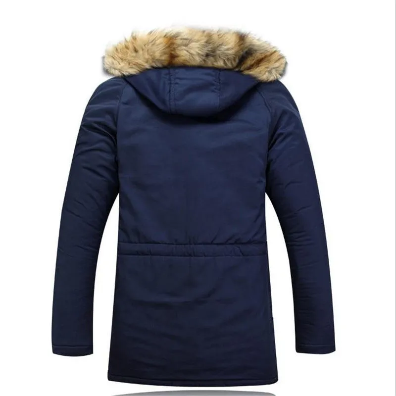 Men's cotton winter jacket with fur collar and hood in army green