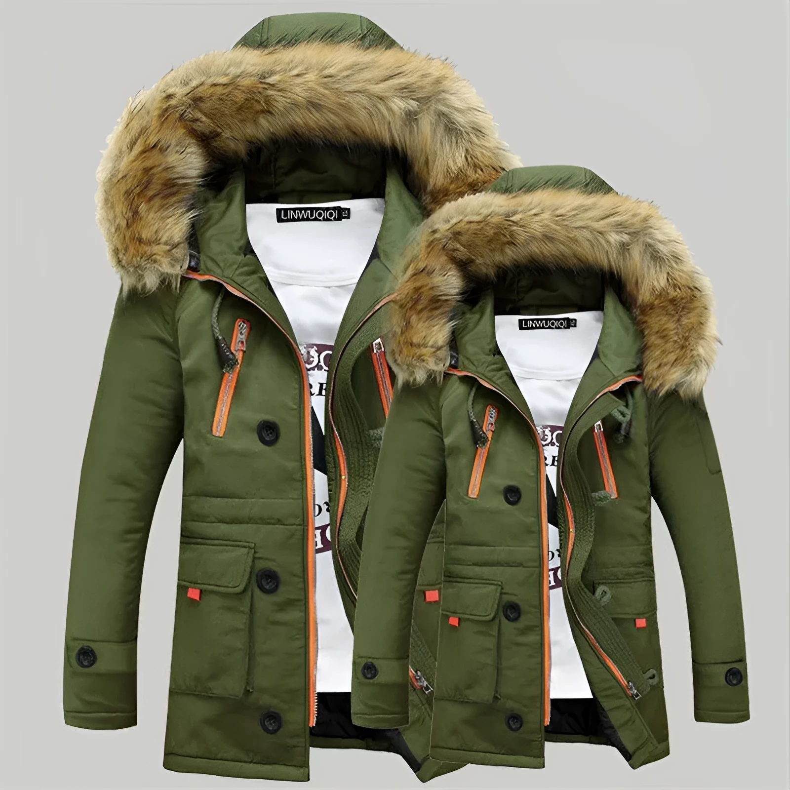 Men's cotton winter jacket with fur collar and hood in army green