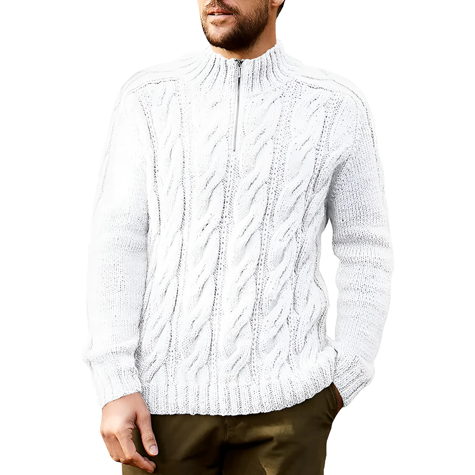 Men's solid colour half high neck long sleeve acrylic sweater in brown, front view