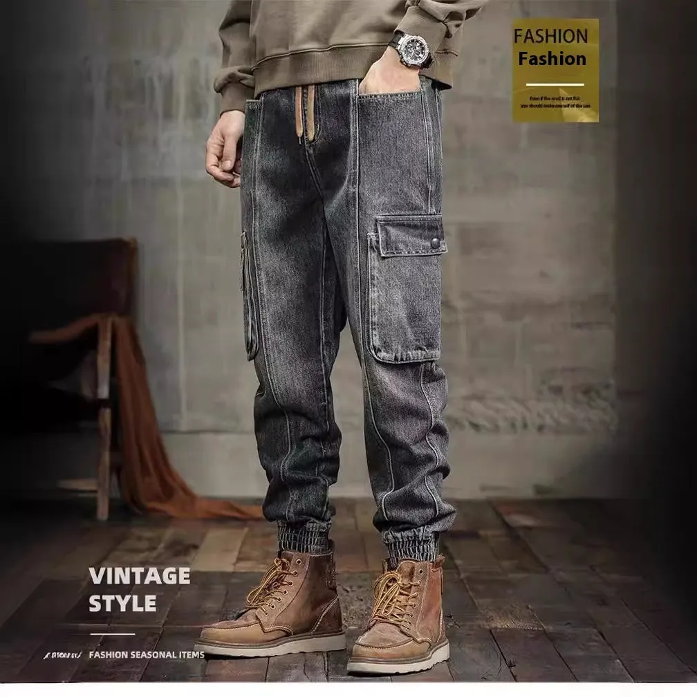 Men’s retro ankle-tied denim jeans in retro colour, mid-waist skinny fit with elastic waist