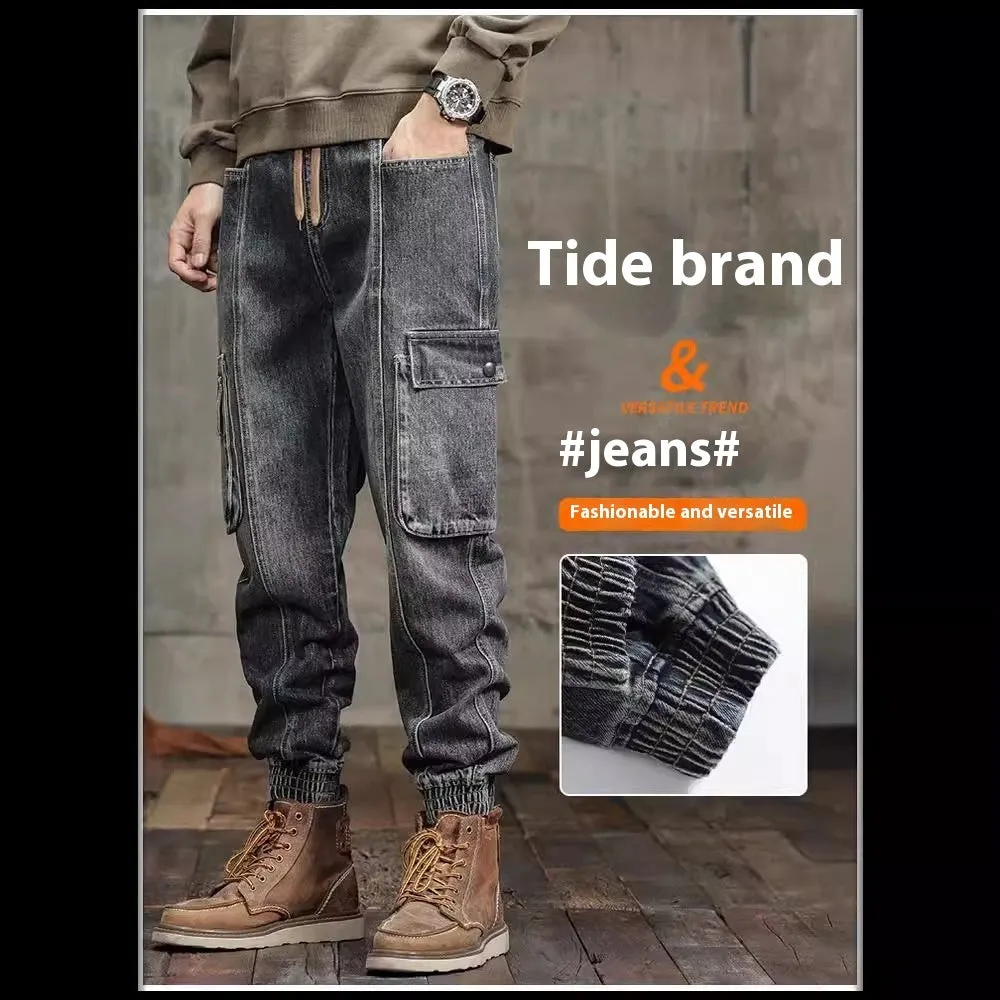 Men’s retro ankle-tied denim jeans in retro colour, mid-waist skinny fit with elastic waist