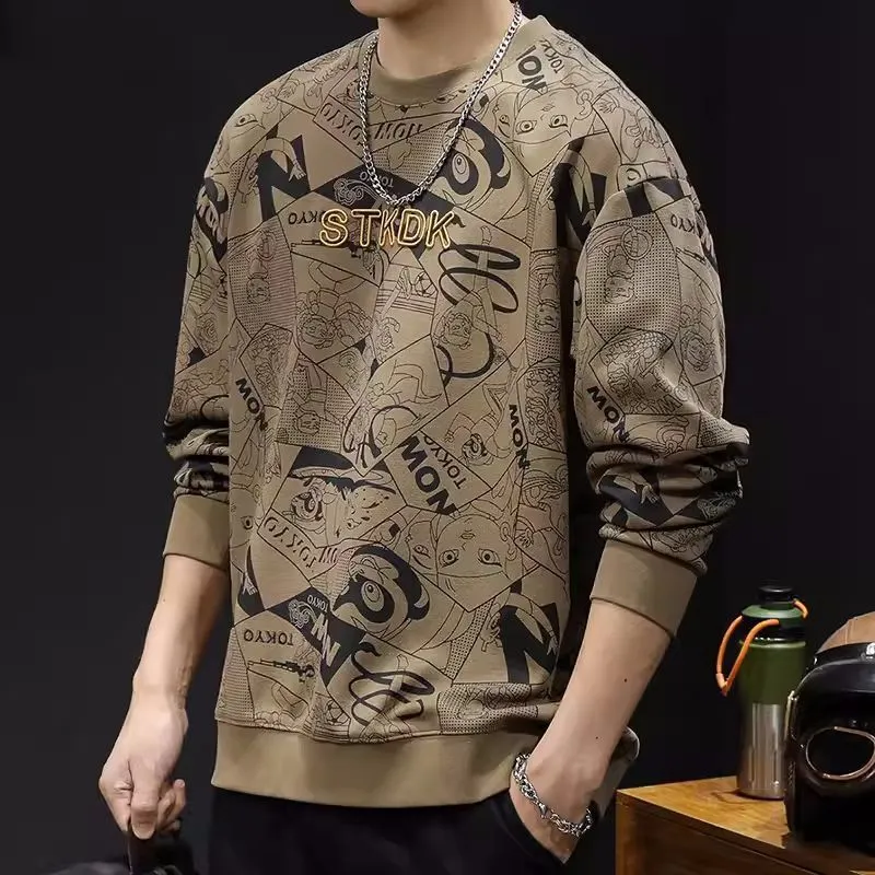 Men's round neck print sweatshirt in brown, loose fit, long sleeves, wool lining, plus size